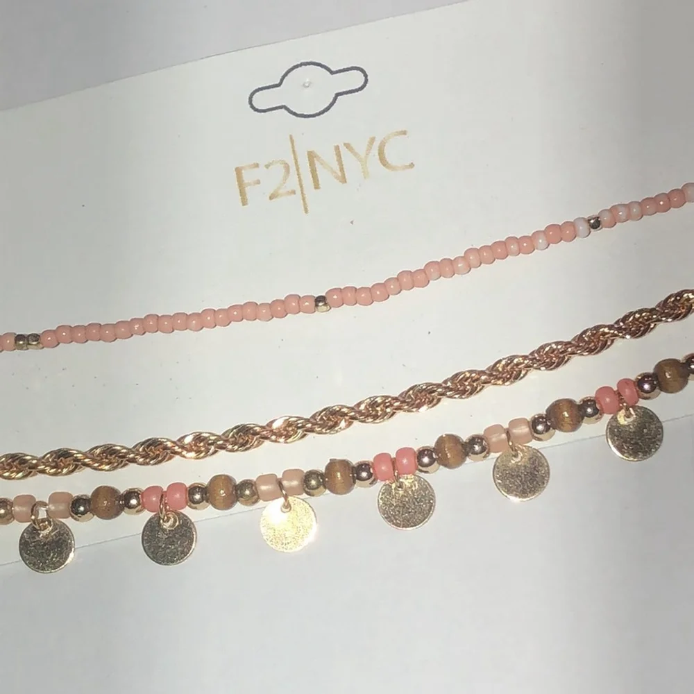 3 Gold Tone Pink Beaded Boho Ankle Bracelets